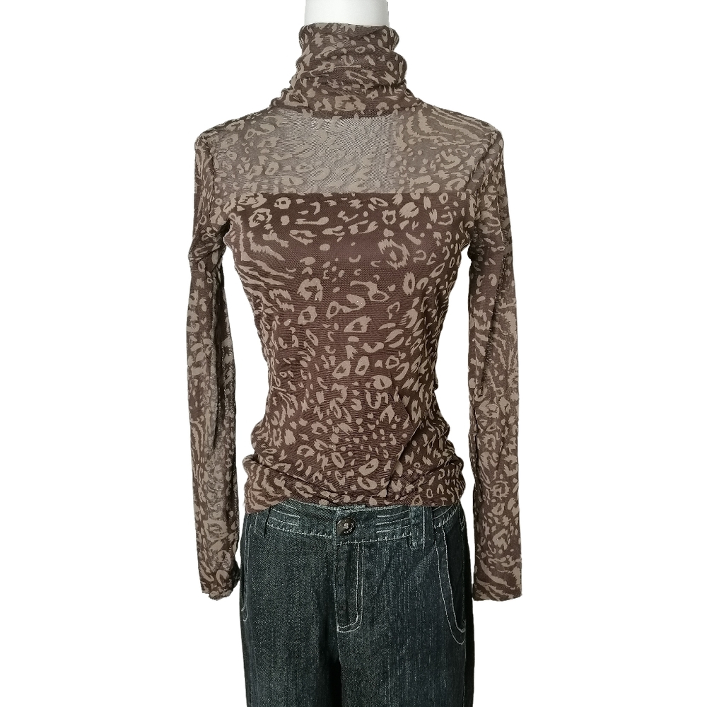 🍂 S, brown leopard print turtleneck long sleeve fishnet slim fit top